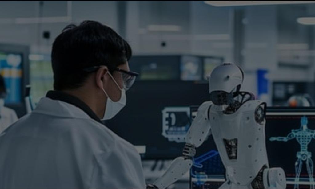 Humanoid robot studying mathematics on a blackboard