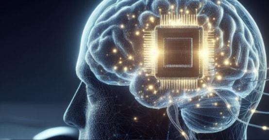 Digital illustration of a human brain with an embedded microchip