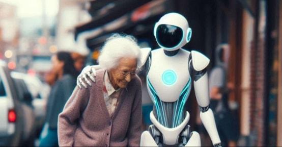 Humanoid robot assisting an elderly person