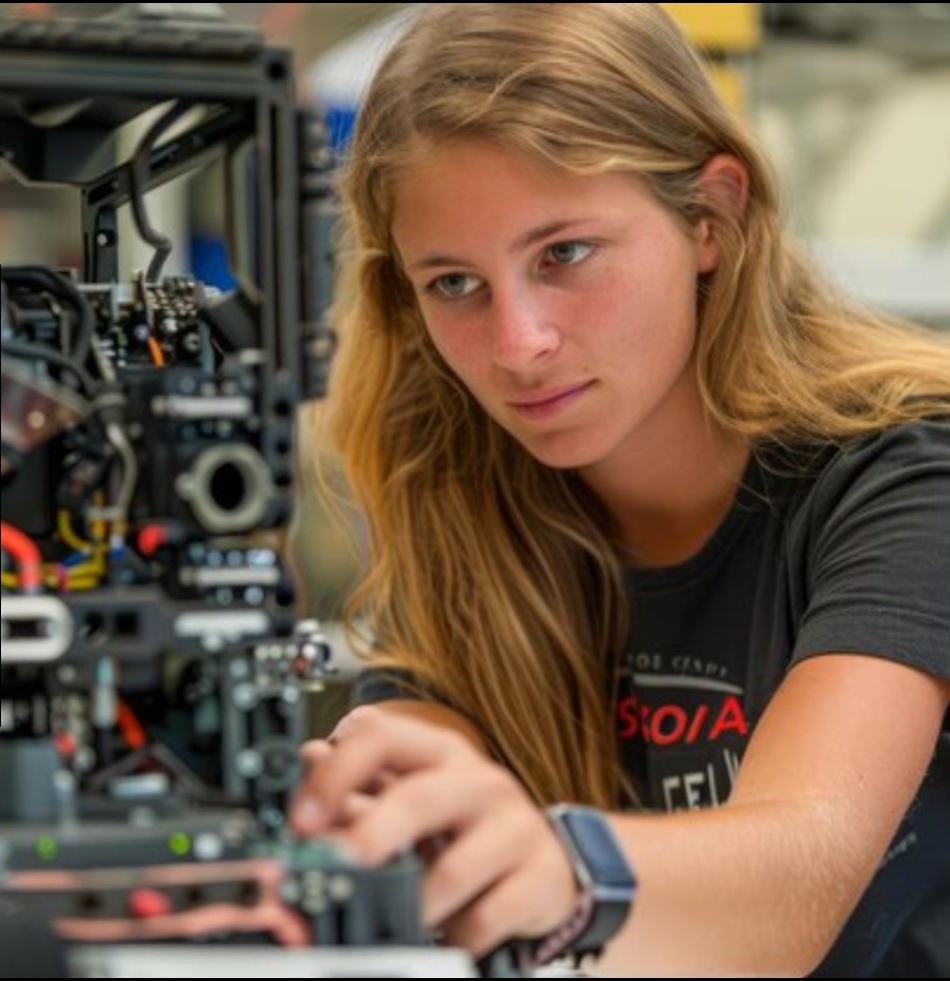 Engineer assembling robotics hardware in a workshop